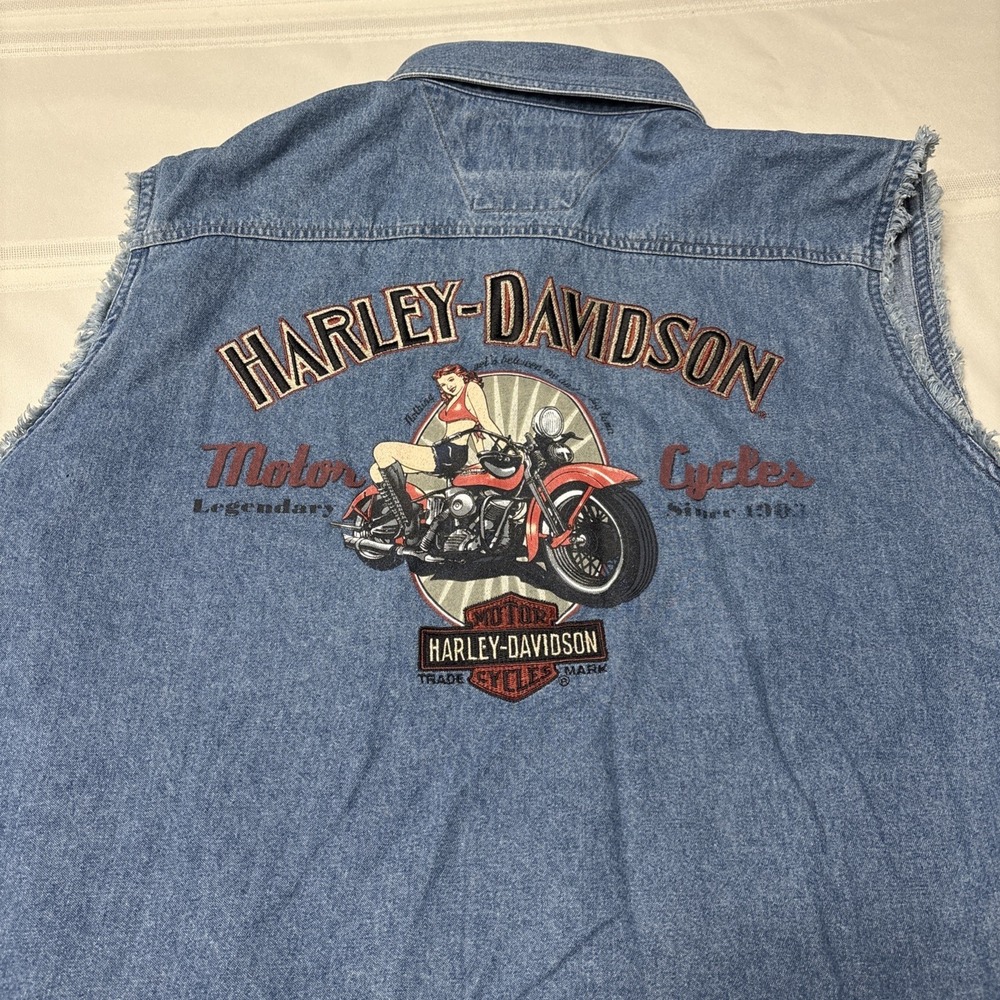 Harley‎ Davidson 2007 Button Up Graphic Motorcycle Riders Denim Jean Vest Mens L